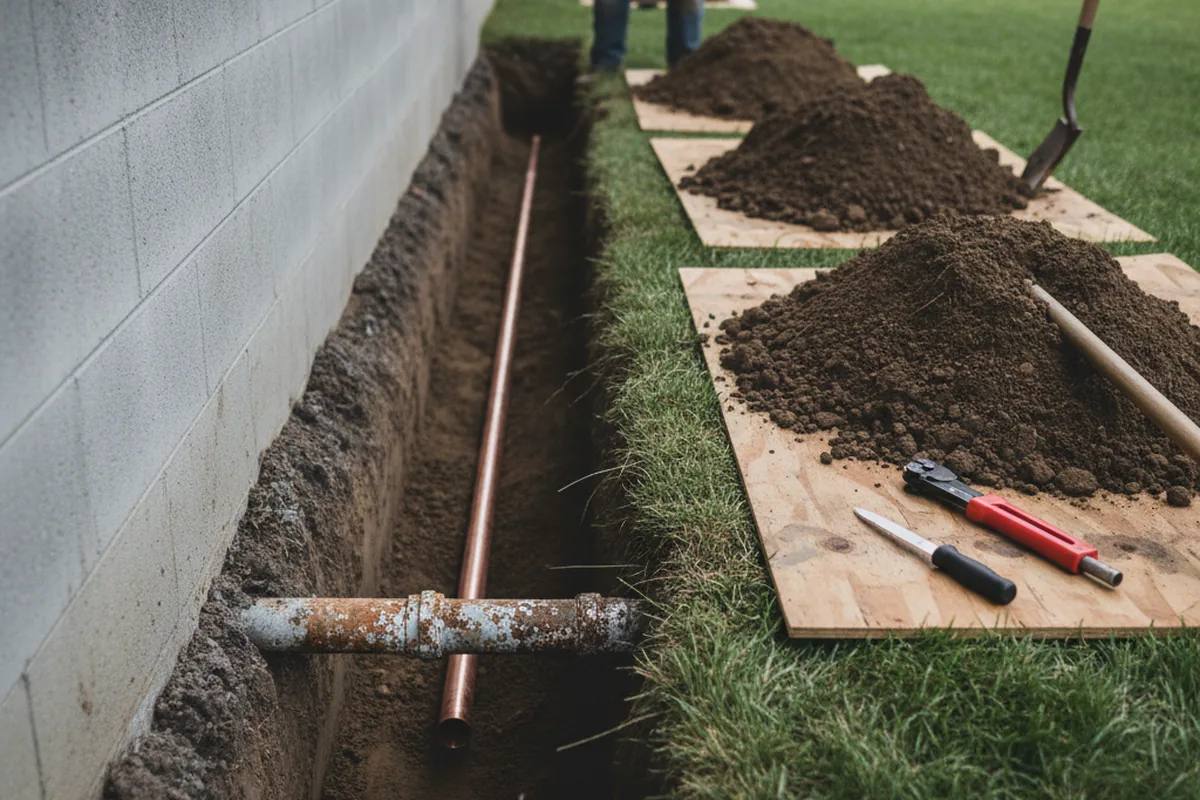 Excavated water line trench during Sewer Line Repair in West Hollywood
